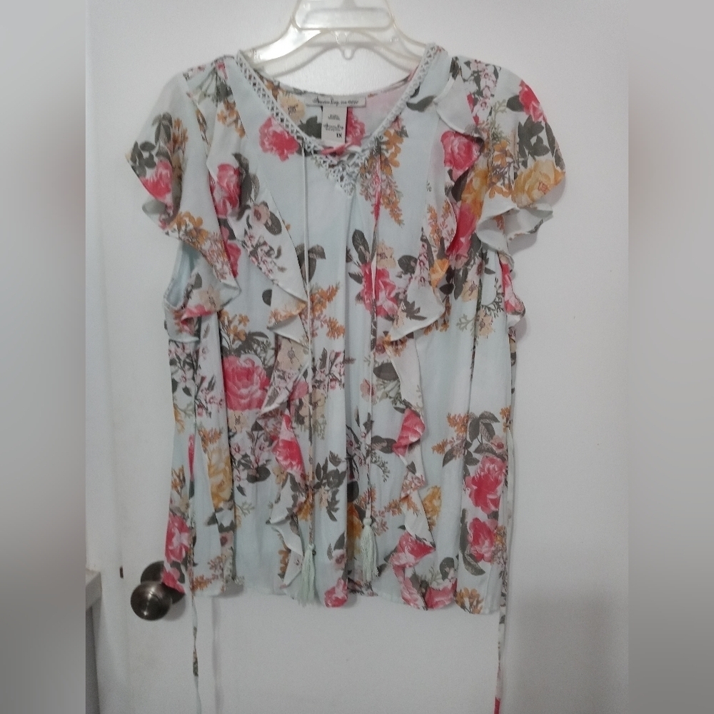 American Rag Cie lined floral flutter sleeve blouse with Ruffles And Embroidery